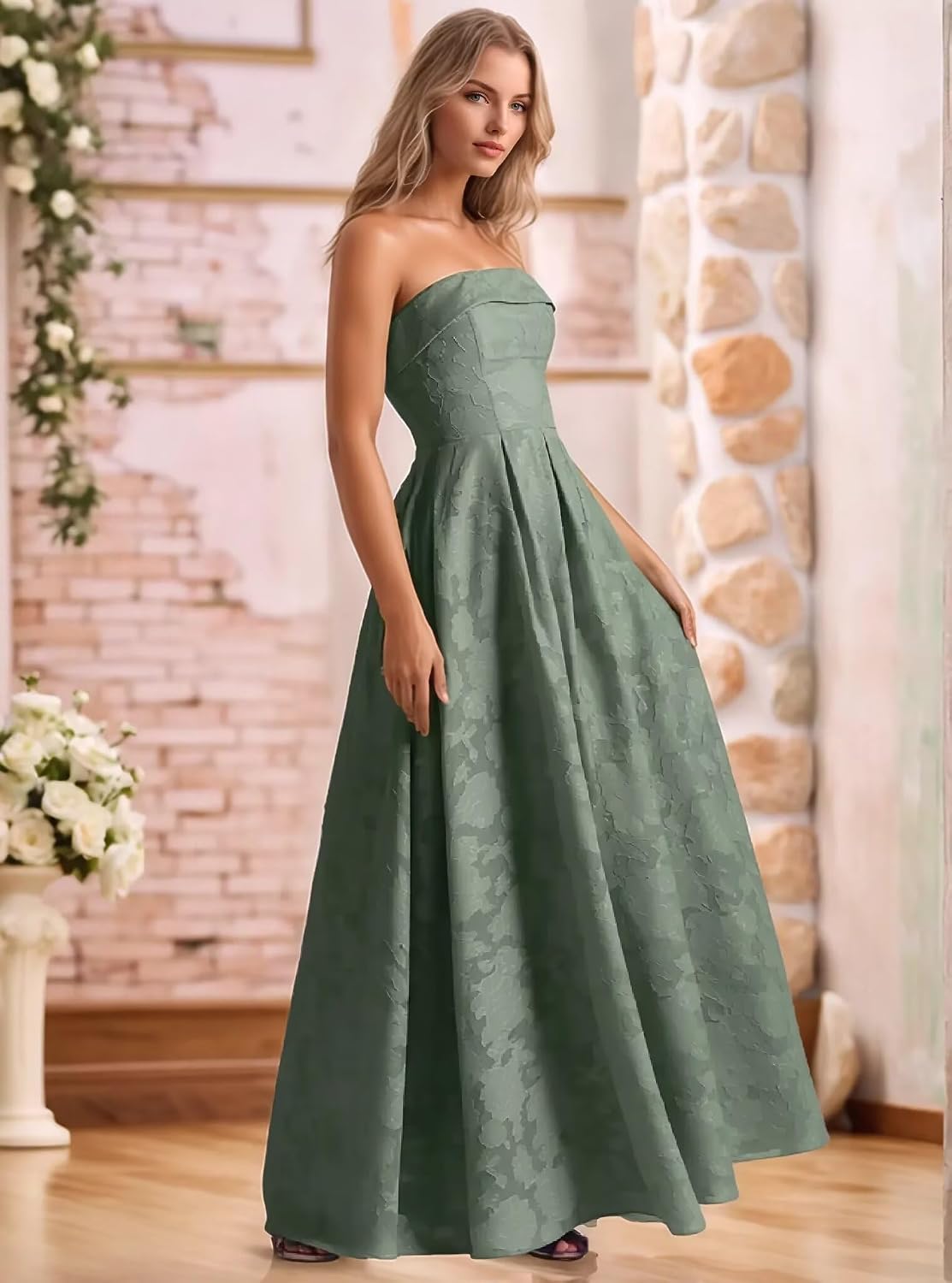 Jacquard Floral Prom Dresses Strapless Maxi Evening Gowns A-Line Ruched Formal Party Dress Elegant