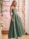 Jacquard Floral Prom Dresses Strapless Maxi Evening Gowns A-Line Ruched Formal Party Dress Elegant