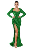 Mermaid Sequin Prom Dresses for Women 2026 Long Sleeve Ruched Formal Dress with Slit Sparkly Evening Party Gowns