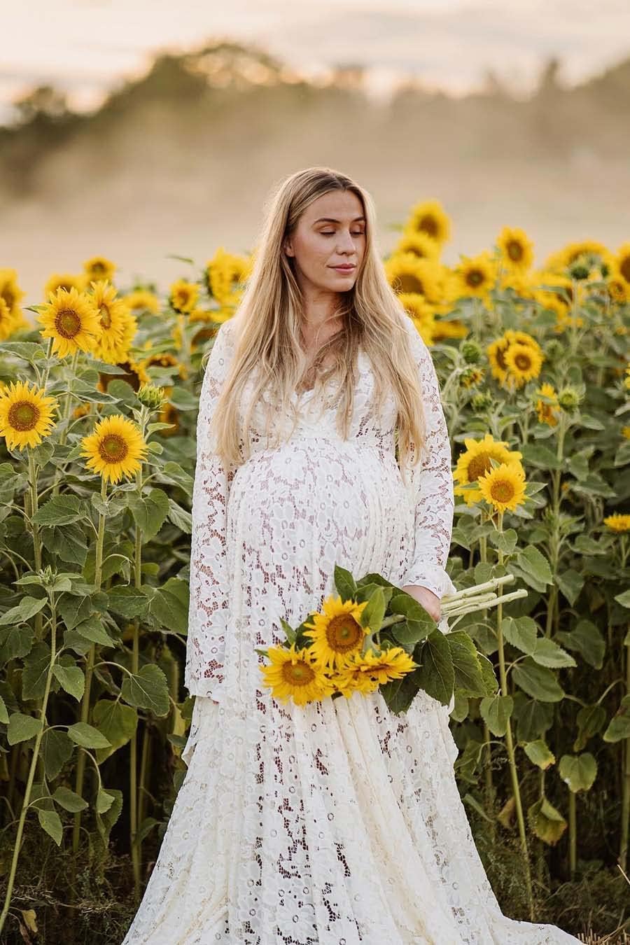 Women's Lace Maternity Dress for Photoshoot Long Puffy Sleeves V Neck Boho Pregnancy Gown for Baby Shower with Slit