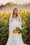 Women's Lace Maternity Dress for Photoshoot Long Puffy Sleeves V Neck Boho Pregnancy Gown for Baby Shower with Slit