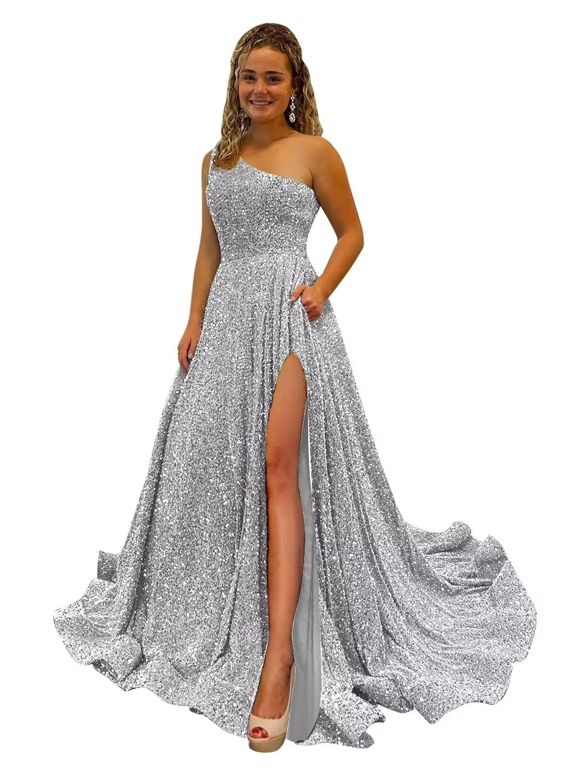 One Shoulder Sequin Prom Dresses for Women Long Sparkly A-Line Slit Formal Evening Party Ball Gowns with Pockets