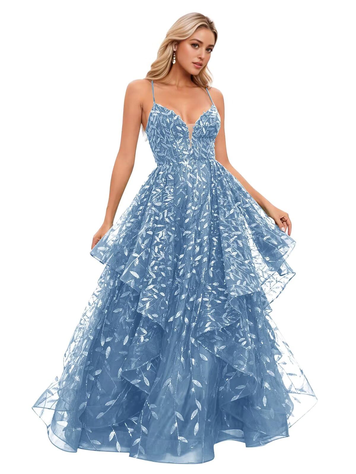 Spaghetti Strap Prom Dresses for Women V Neck Sparkly Sequin Tulle Tiered Ball Gown Long Formal Evening Dress