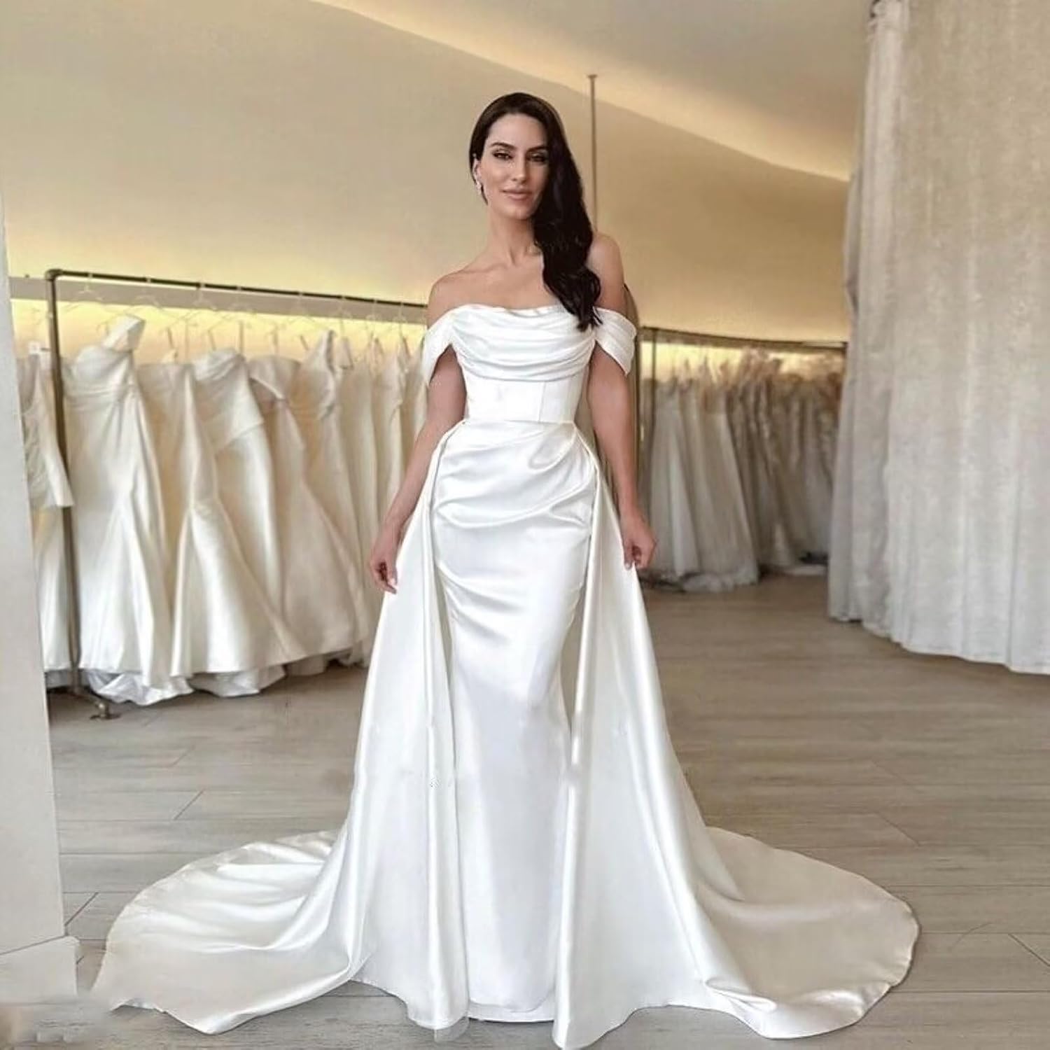 Mermaid Satin Prom Dresses for Women 2027 Long Off Shoulder Ruched Corset Formal Evening Dress Detachable Train