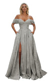 Off Shoulder Long Prom Dress 2026 Floral Satin A-Line Corset Ball Formal Evening Gown with Slit