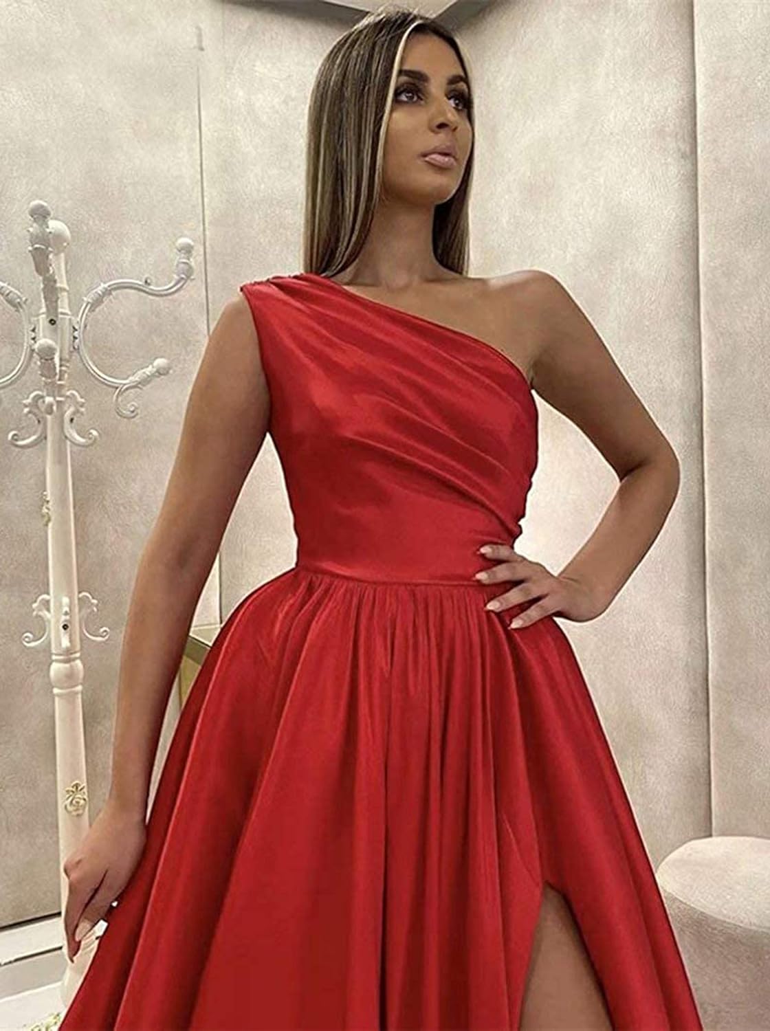 Women's One Shoulder Prom Dresses 2026 Long Slit Satin Formal Evening Gowns with Pockets