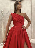 Women's One Shoulder Prom Dresses 2026 Long Slit Satin Formal Evening Gowns with Pockets