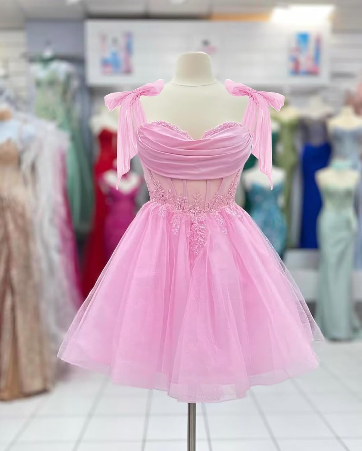 Tulle Short Homecoming Dress for Teens Sparkly Lace DAMA Dresses for Quinceanera Spaghetti Straps Bow Prom Gown
