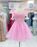 Tulle Short Homecoming Dress for Teens Sparkly Lace DAMA Dresses for Quinceanera Spaghetti Straps Bow Prom Gown