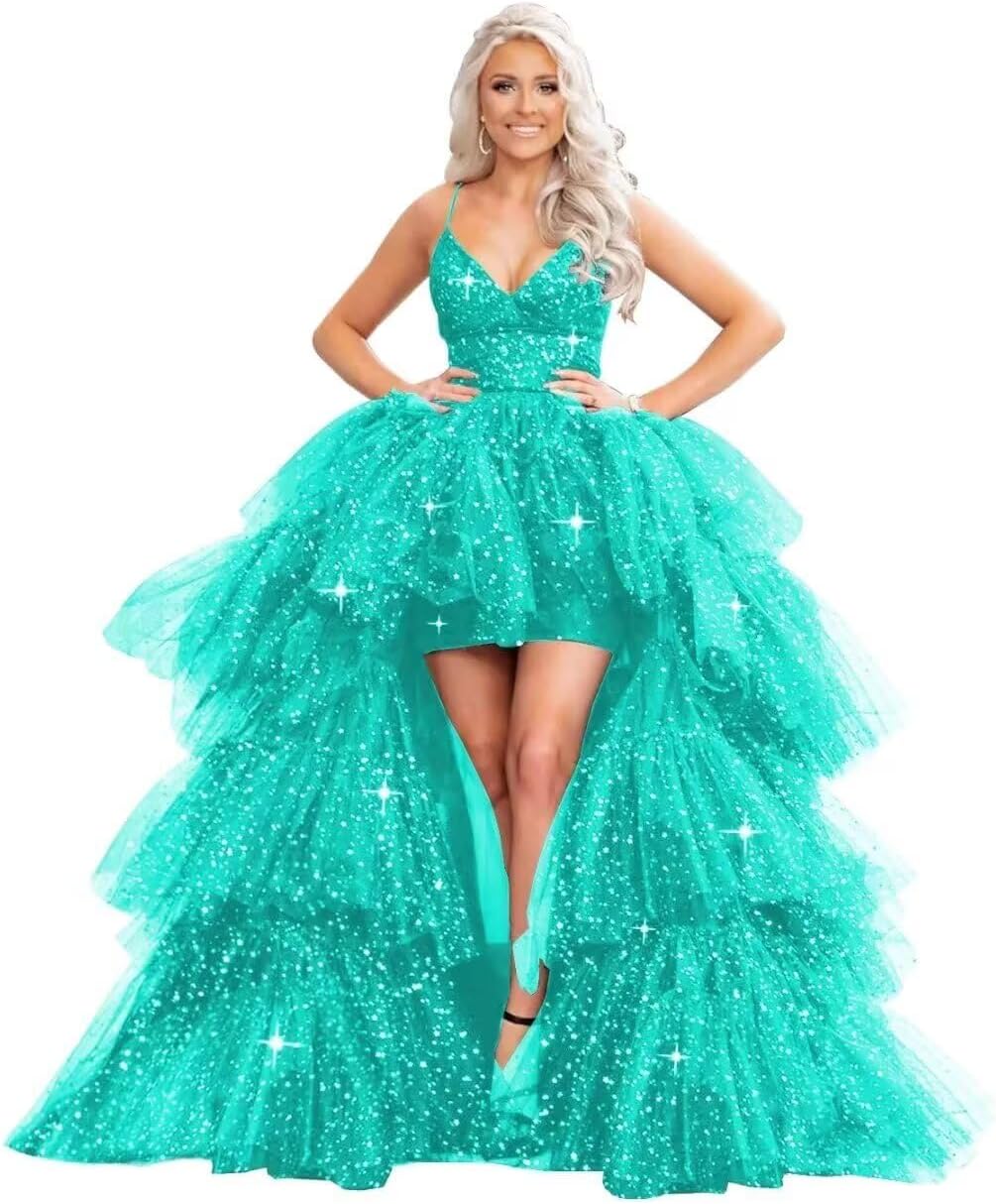 Puffy Sequins Tulle High-Low Prom Dresses for Women 2027, Glitter V Neck Formal Ball Gown Wedding Party Dress