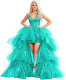 Puffy Sequins Tulle High-Low Prom Dresses for Women 2027, Glitter V Neck Formal Ball Gown Wedding Party Dress