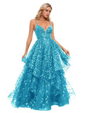 Spaghetti Strap Prom Dresses for Women V Neck Sparkly Sequin Tulle Tiered Ball Gown Long Formal Evening Dress