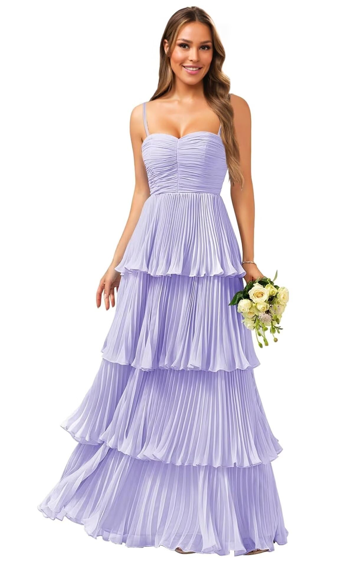 Tiered Ruffle Bridesmaid Dresses for Women Spaghetti Straps Long Chiffon Formal Evening Prom Gowns