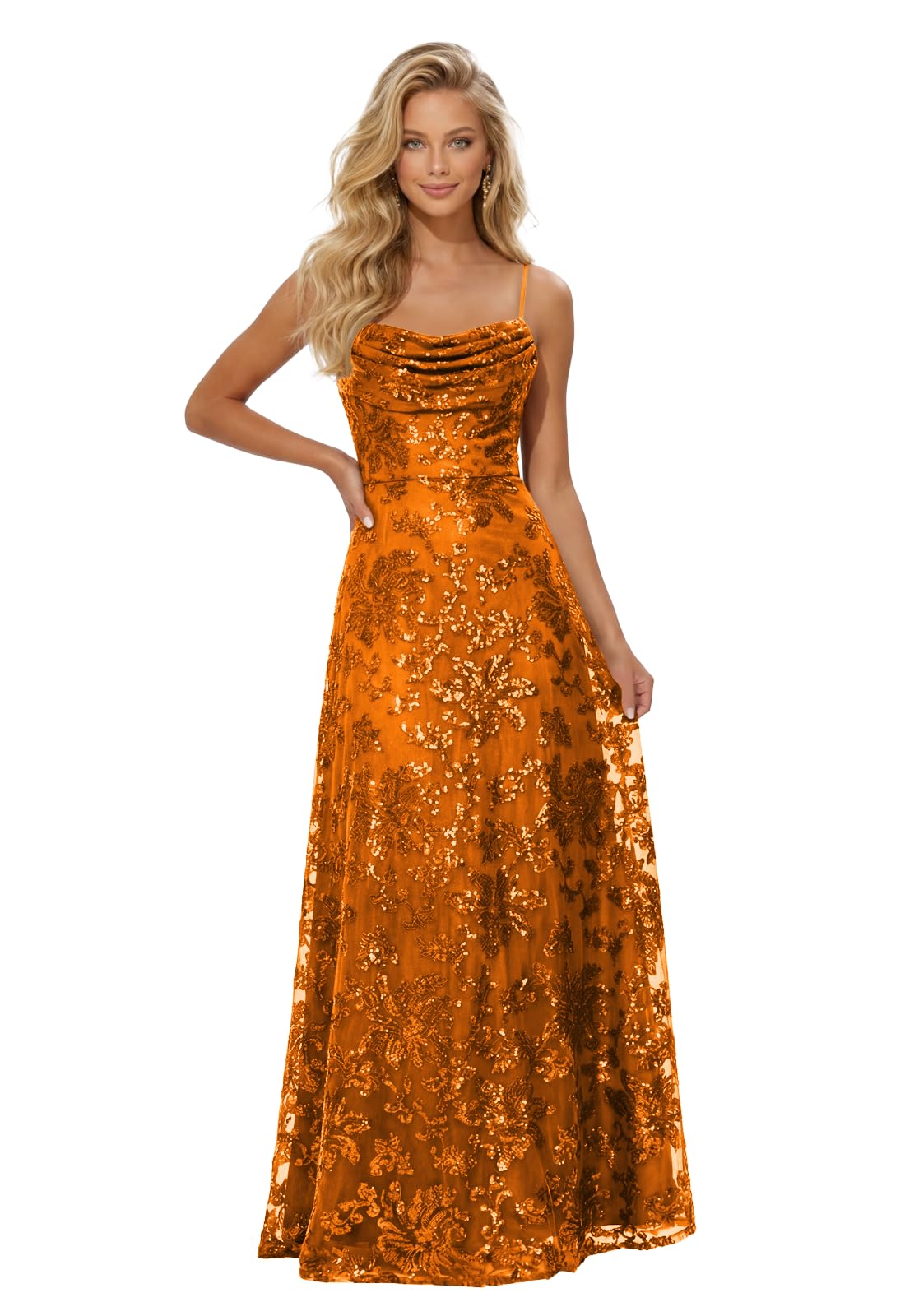 Lace Sequin Prom Dresses Spaghetti Straps A-Line Cowl Neck Pleated Sparkly Long Formal Evening Party Gowns