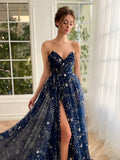 Women's Sparkle Starry Tulle Prom Dresses Strapless Long Formal Evening Party Gowns with Slit
