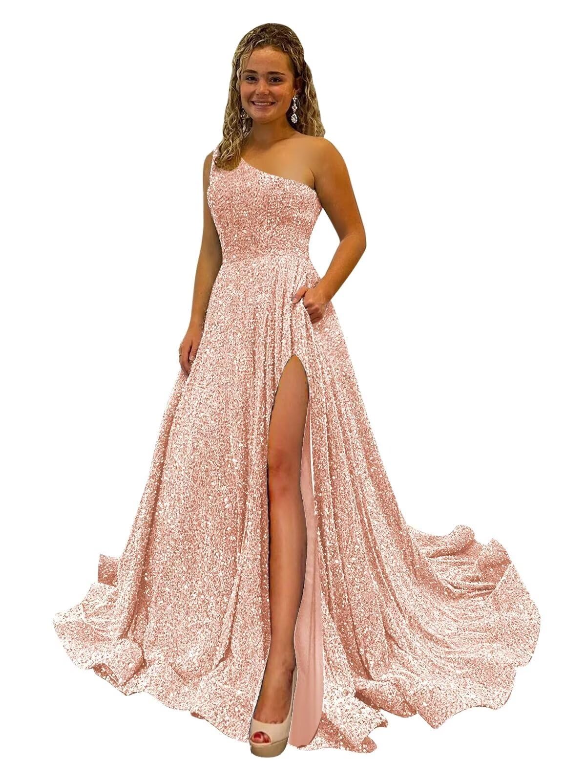 One Shoulder Sequin Prom Dresses for Women Long Sparkly A-Line Slit Formal Evening Party Ball Gowns with Pockets