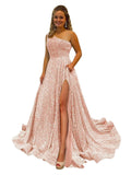 One Shoulder Sequin Prom Dresses for Women Long Sparkly A-Line Slit Formal Evening Party Ball Gowns with Pockets