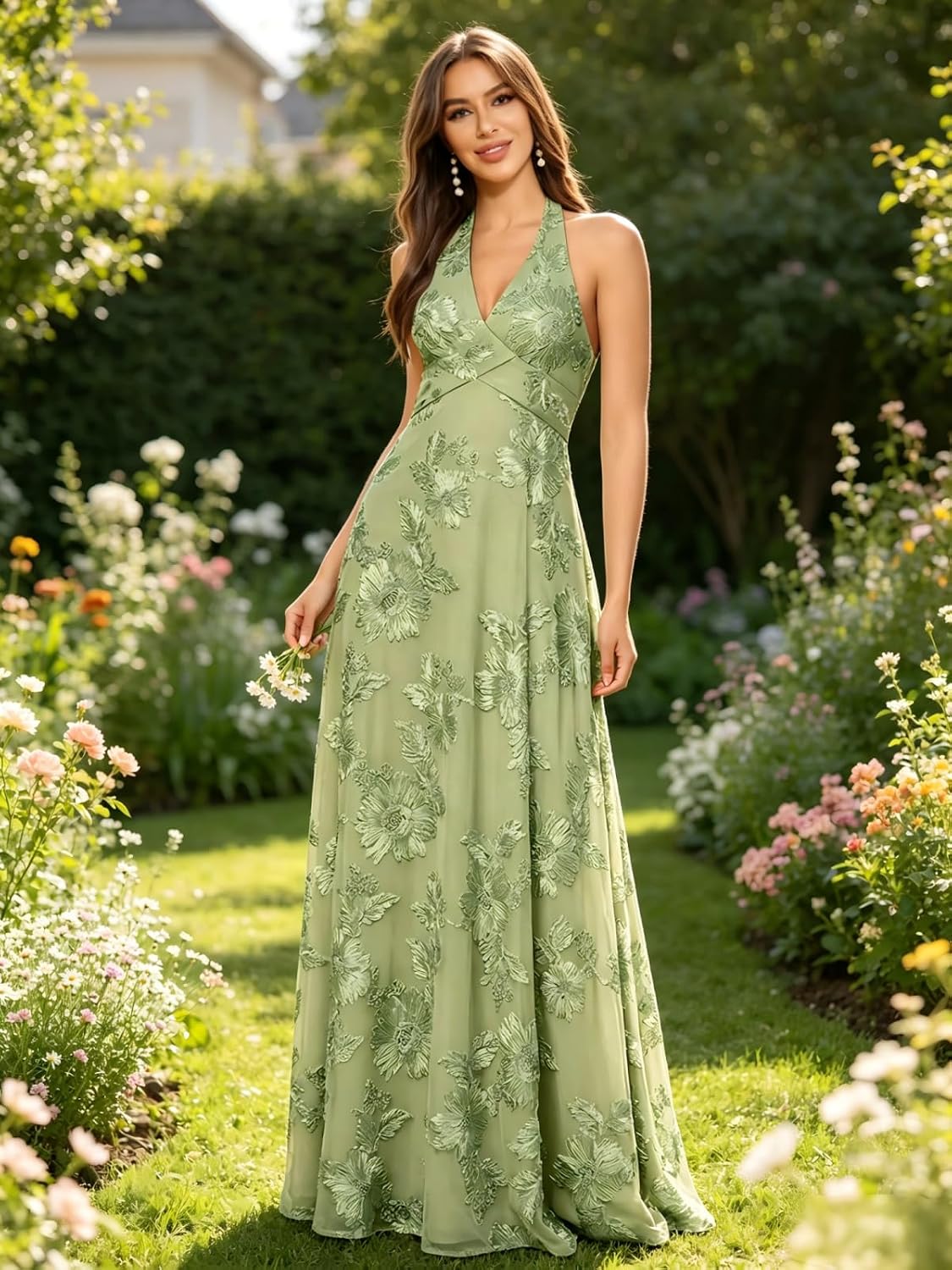 Jacquard Floral Lace Bridesmaid Dresses for Women Long A-Line Open Back Halter Formal Gown