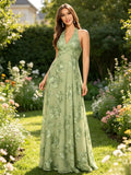 Jacquard Floral Lace Bridesmaid Dresses for Women Long A-Line Open Back Halter Formal Gown