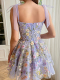 A-Line Lilac Short Homecoming Dress with 3D Flowers