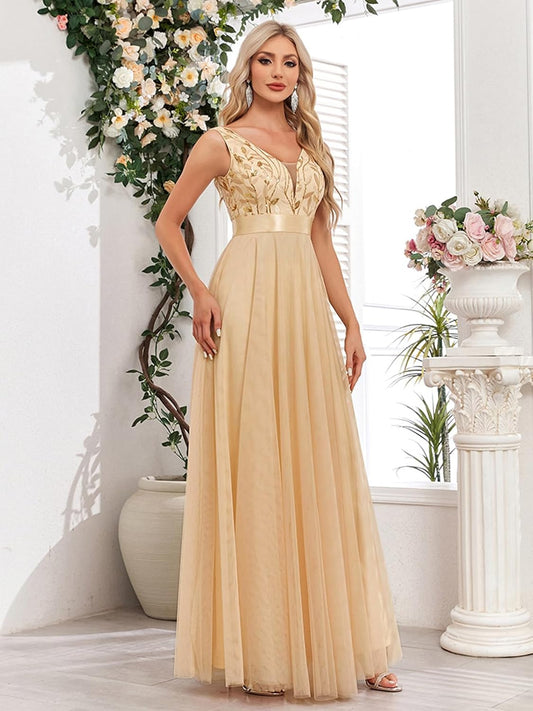 Women's Formal Dresses Long Evening Gowns Tulle V Neck Sleeveless Sparkly Sequin Cocktail Party Wedding Guest Dress