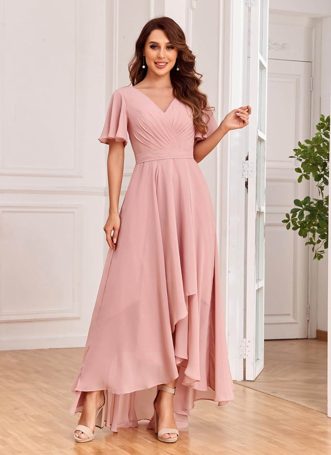 Women's Flutter Sleeve Bridesmaid Dresses with Pockets High Low Formal Dress