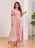 Women's Flutter Sleeve Bridesmaid Dresses with Pockets High Low Formal Dress