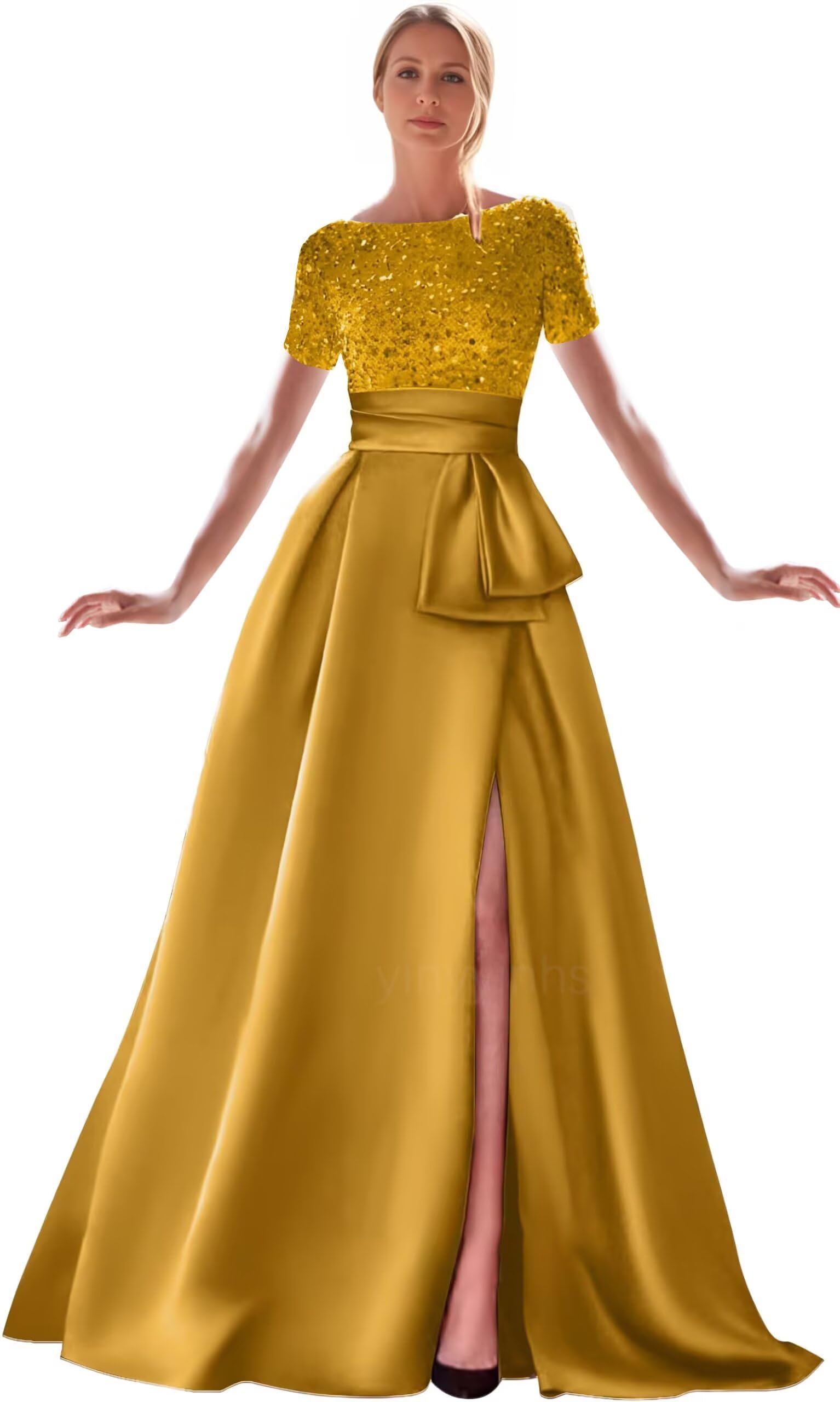 Kingbridal Gowns Short Sleeve Sequin Prom Dresses for Women 2026 Satin A-Line Sparkly Formal Evening Party Ball Gowns with Slit