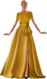 Kingbridal Gowns Short Sleeve Sequin Prom Dresses for Women 2026 Satin A-Line Sparkly Formal Evening Party Ball Gowns with Slit