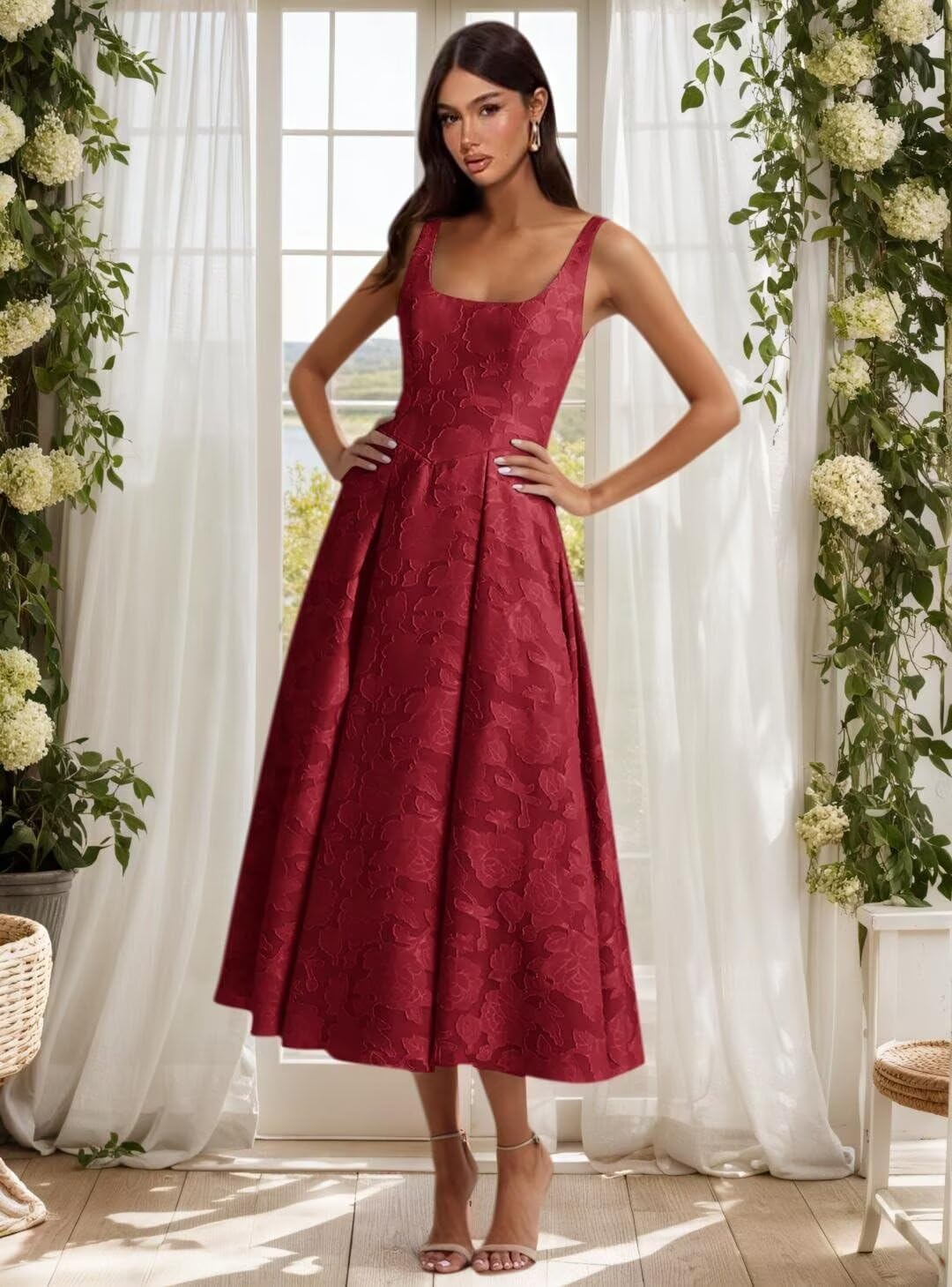 Floral Lace Bridesmaid Dresses for Women Tea Length A Line Pleated Wedding Guest Dress Formal Gown