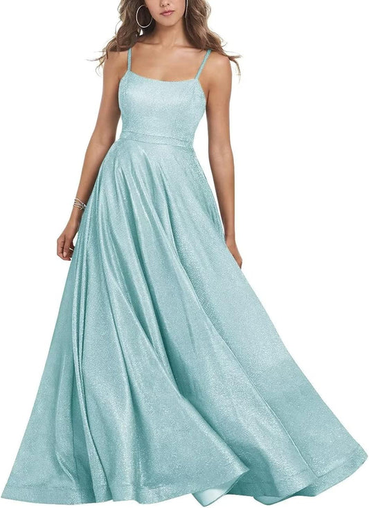 Women's Glitter Prom Dresses Long Ball Gown Spaghetti Straps Neck Formal Evening Party Dress for Teens