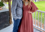 Women's Batwing Sleeve Chiffon Bridesmaid Dresses with Pockets V Neck Long Formal Evening Dress