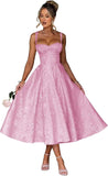 Eightale Satin Jacquard Prom Dress with Bow Tea Length Floral Midi Formal Evening Party Gown
