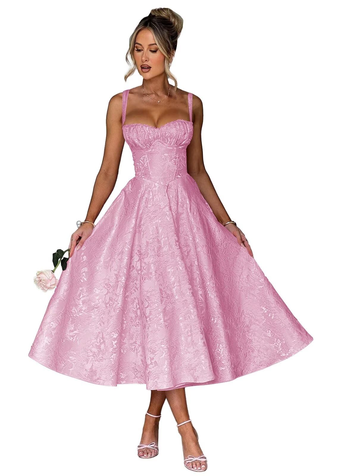 Eightale Satin Jacquard Prom Dress with Bow Tea Length Floral Midi Formal Evening Party Gown