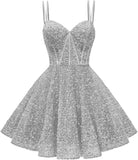 Kingbridal Gowns Sparkly Sequin Homecoming Dresses for Teens 2027 Flowy Spaghetti Straps A-Line Short Formal Prom Dress with Pockets