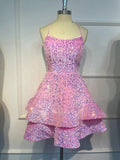 Sparkly Sequin Homecoming Dresses 2026 Spaghetti Straps Tiered Prom Dresses for Teens Short Cocktail Party Gowns
