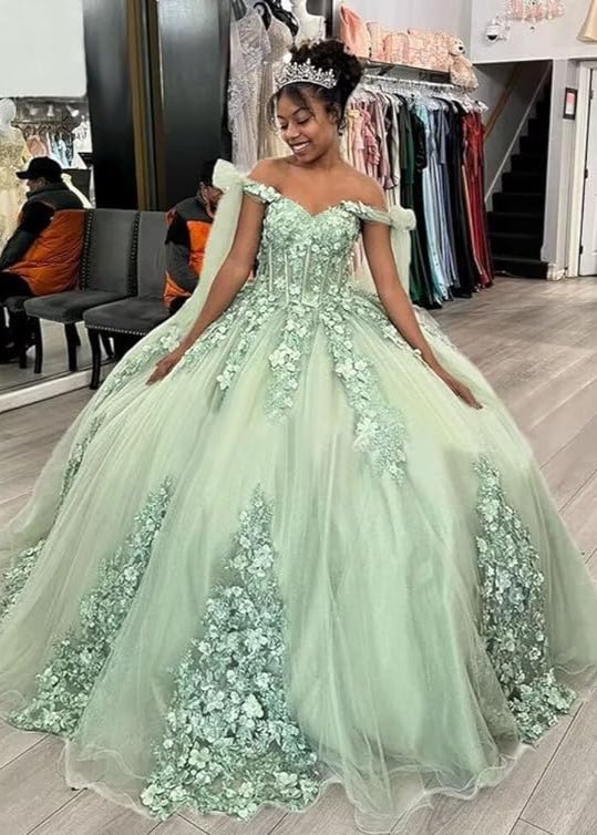 Ball Gown Tulle Off The Shoulder Sage Green Quinceanera Dress