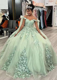 Ball Gown Tulle Off The Shoulder Sage Green Quinceanera Dress