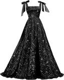 Bow Straps Prom Dresses 2026 Sparkly Sequin Square Neck Ruched Long Puffy Ball Gown Formal Dress with Slit Pockets