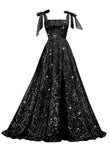 Bow Straps Prom Dresses 2026 Sparkly Sequin Square Neck Ruched Long Puffy Ball Gown Formal Dress with Slit Pockets