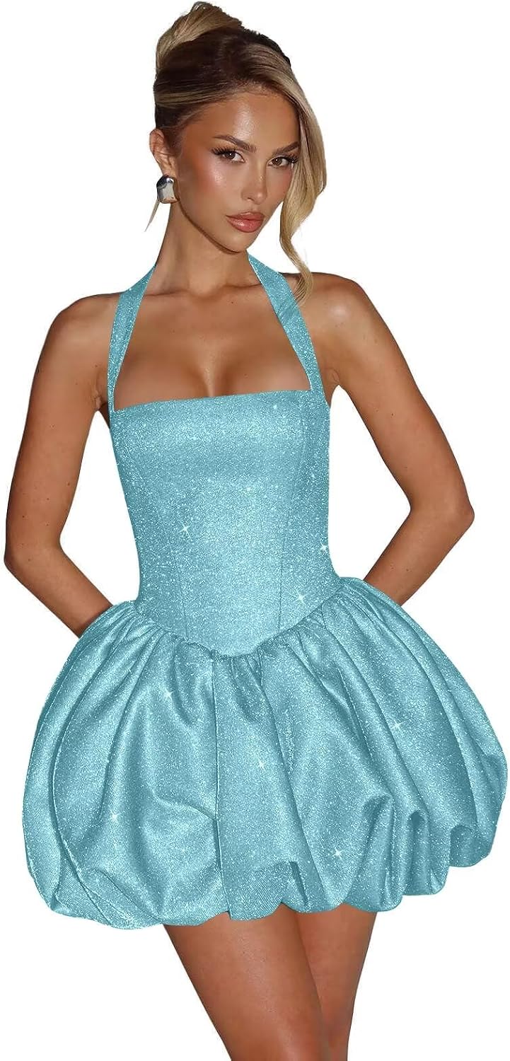 Satin Halter Homecoming Dresses for Teens Short Glitter A-Line Prom Dress Bubble Mini Formal Cocktail Party Gowns