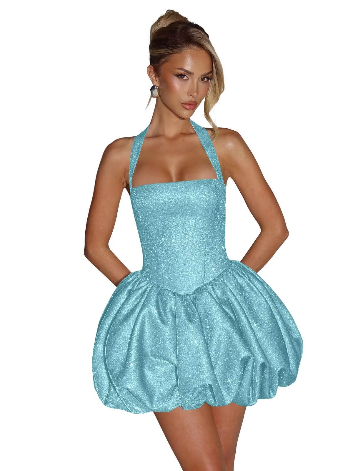 Satin Halter Homecoming Dresses for Teens Short Glitter A-Line Prom Dress Bubble Mini Formal Cocktail Party Gowns