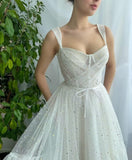 Sparkly Starry Tulle Prom Dresses for Women Tea Length Formal Evening Corset Gowns for Teens