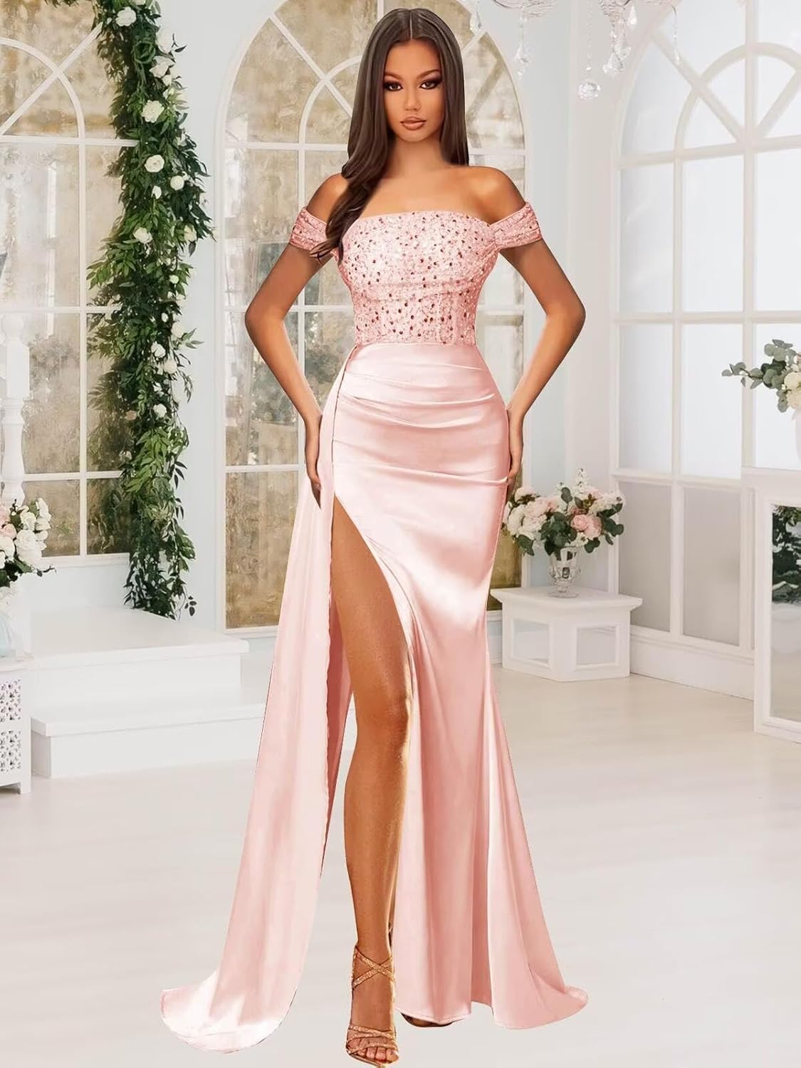 Off Shoulder Sequin Prom Dresses for Women 2027 Long Mermaid Tight Satin Formal Evening Party Dress with Slit