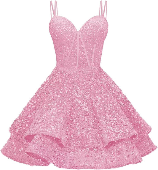 Sequin Homecoming Dresses for Teens 2027 Sparkly Short Layered Aline Prom Dresses Spaghetti Straps Cocktail Party Gowns