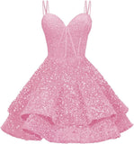 Sequin Homecoming Dresses for Teens 2027 Sparkly Short Layered Aline Prom Dresses Spaghetti Straps Cocktail Party Gowns