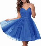 Short Homecoming Dresses Spaghetti Straps V Neck Glitter Tulle Ball Gown Short Prom Graduation Dress for Juniors