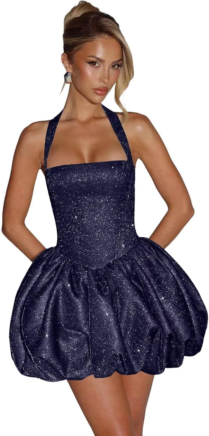 Satin Halter Homecoming Dresses for Teens Short Glitter A-Line Prom Dress Bubble Mini Formal Cocktail Party Gowns