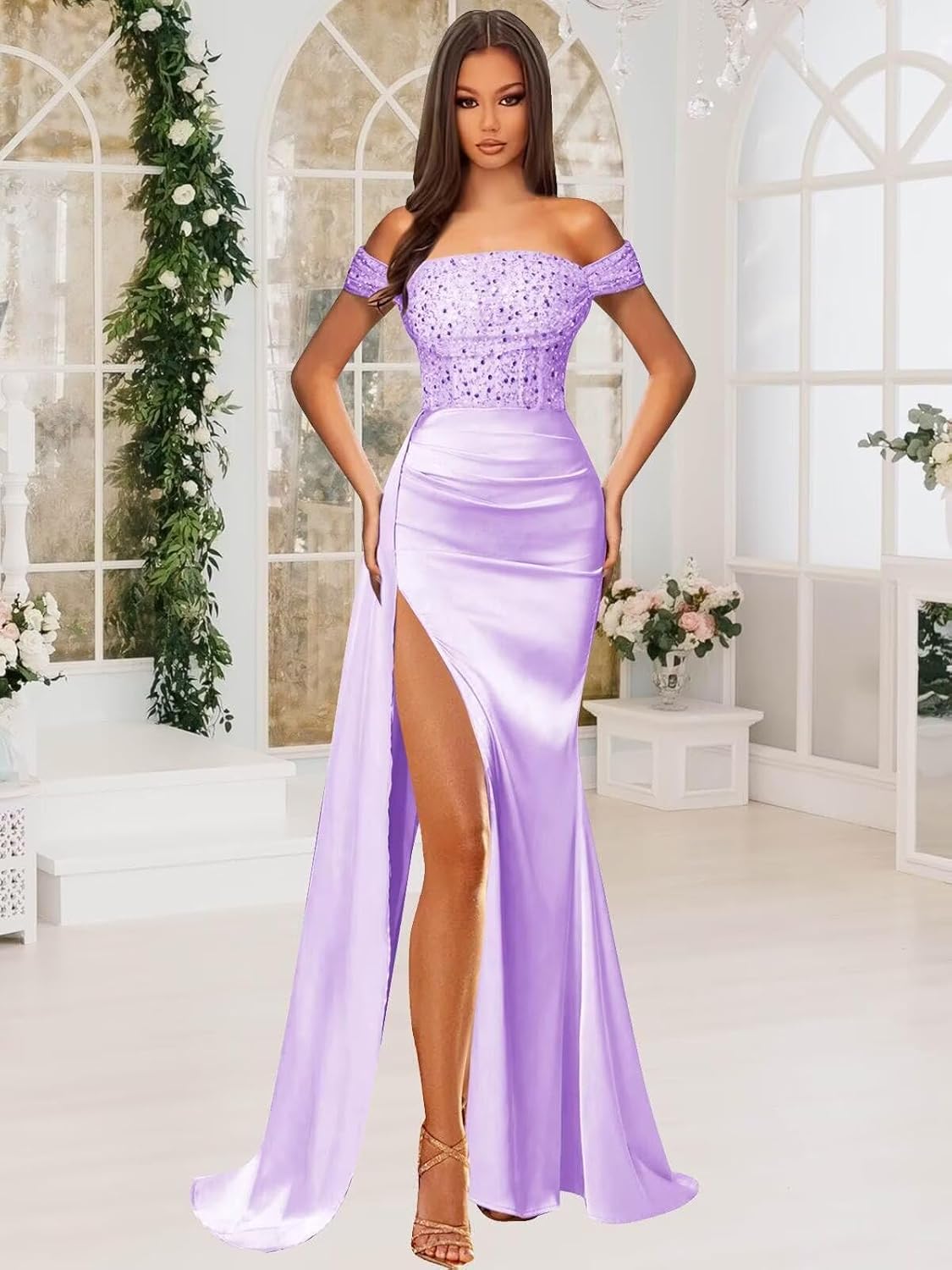 Off Shoulder Sequin Prom Dresses for Women 2027 Long Mermaid Tight Satin Formal Evening Party Dress with Slit