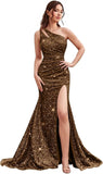 Kingbridal Gowns One Shoulder Sequin Prom Dresses with Slit 2026 Mermaid Formal Dress for Women Sparkly Ruched Evening Party Gowns